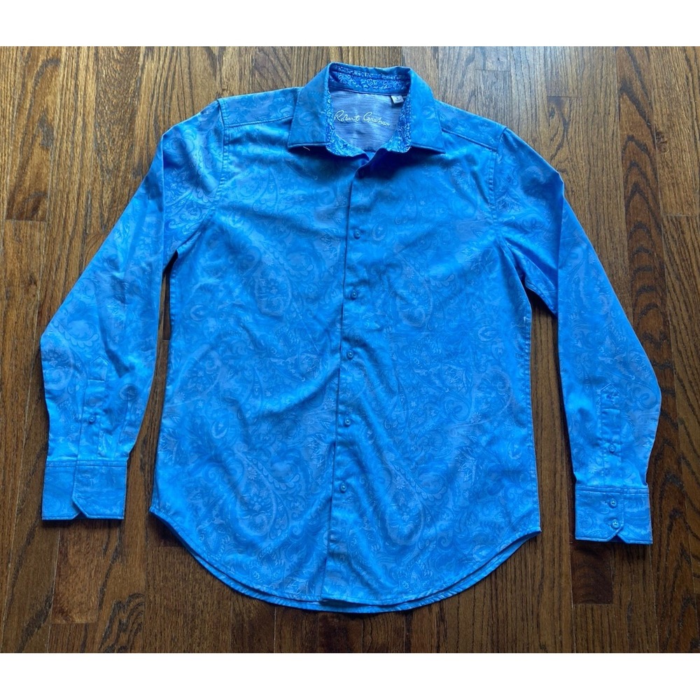 Robert Graham Shirt Mens Small Blue Paisley Abstract AOP Flip Cuff Button Up